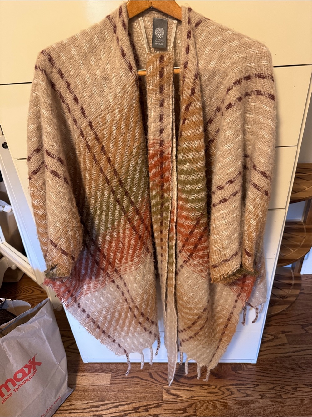 Vince Camuto Beige Plaid Open-Front Shawl with Rust and Olive Accents